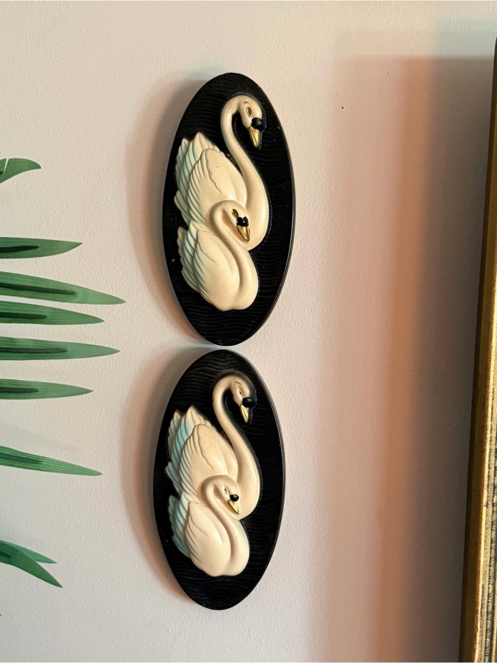 Vintage Gothic Ivory Swan Wall Plaque Set - Chalkware Wall Decor